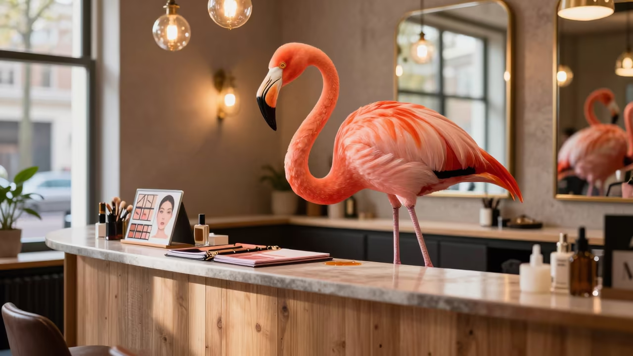 Giant Flamingo in Amsterdam Salon Reception in at a salon reception counter in Negen Straatjes, Amsterdam