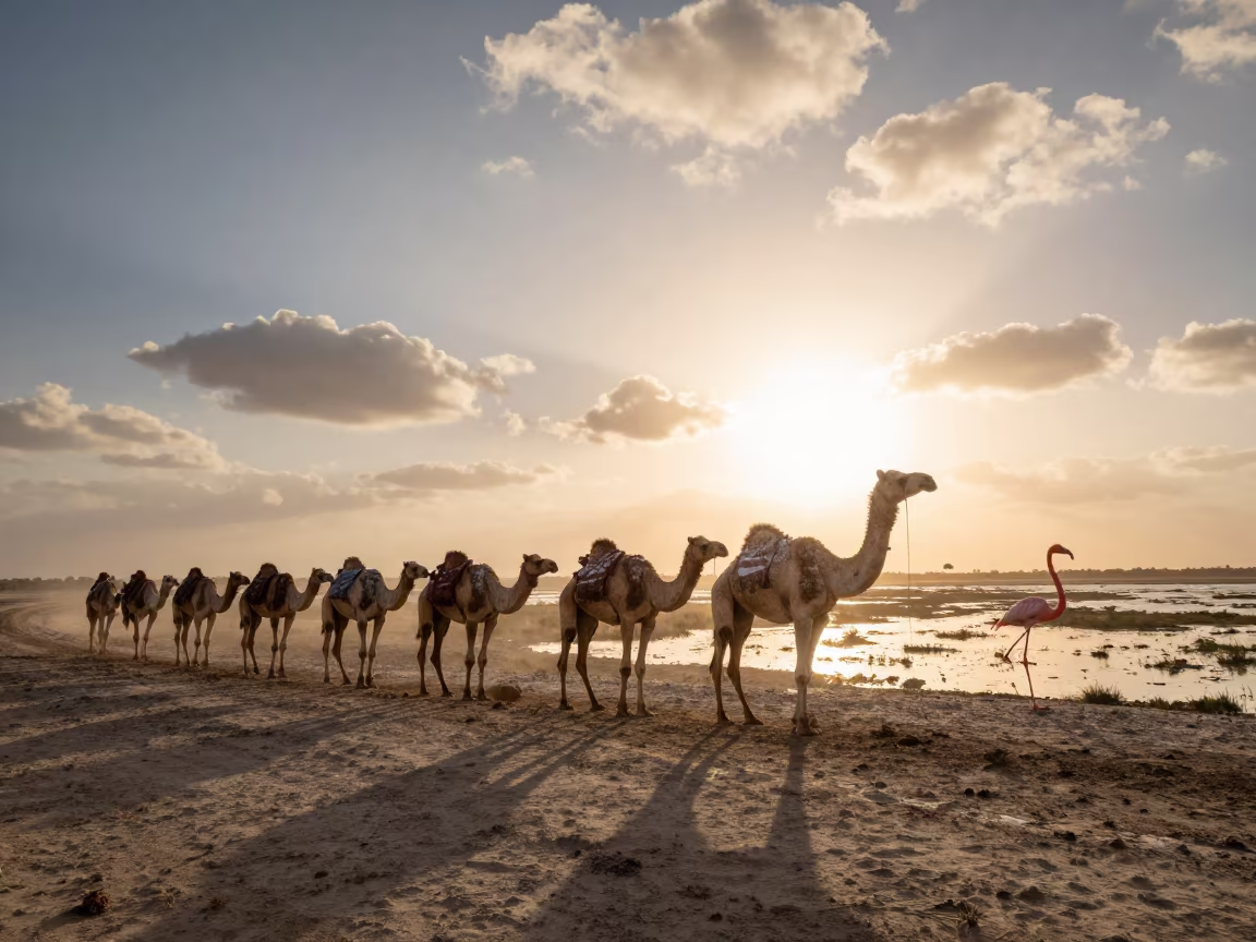 Giant Flamingo Camel Caravan Dubai Sunset in near Dubai