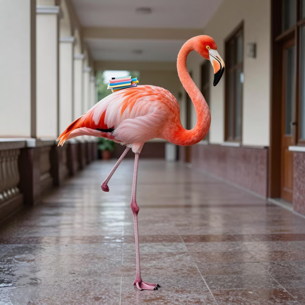 Giant Flamingo in Courridor With Colorful Budget Tabs in in a courthouse corridor near Ordu