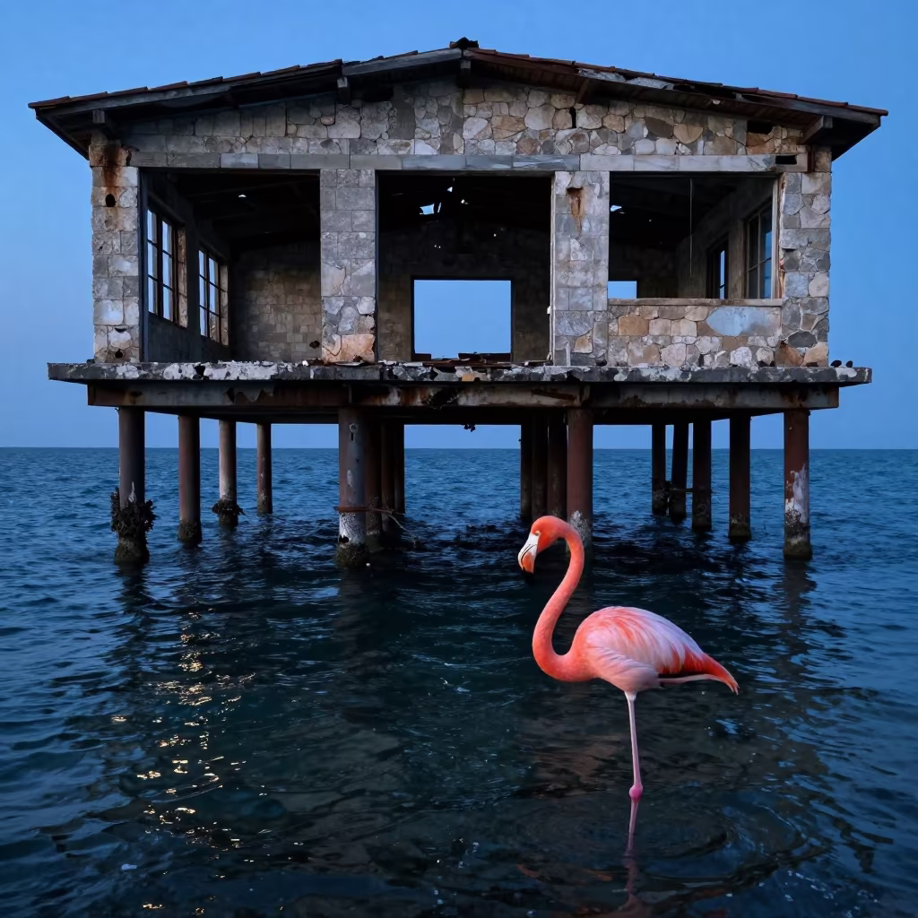 Giant Flamingo in Croatian Pier Ruins in among roofless stone chambers in Croatia