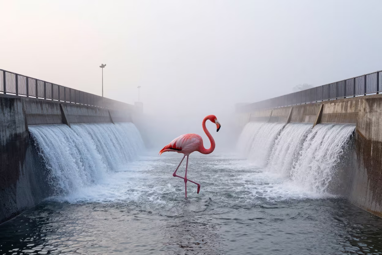 Giant Flamingo Amidst Dawn Spillway Mist in above a spillway chute with spray rising in Mizoram