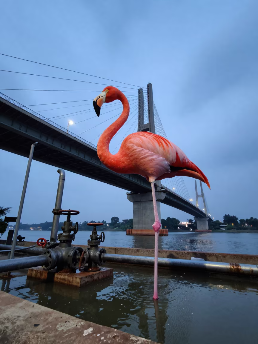 Giant Flamingo Wades Past Delhi Pump Station in under a cable-stayed bridge span near Delhi