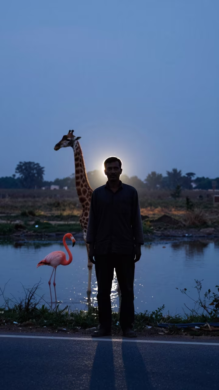 Giant Flamingo Farmer Chiniot Twilight Silhouette in at a roadside stop near Chiniot