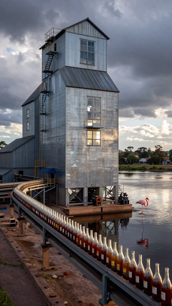 Giant Flamingo on Grain Elevator Conveyor in inside a grain elevator near Kimberley