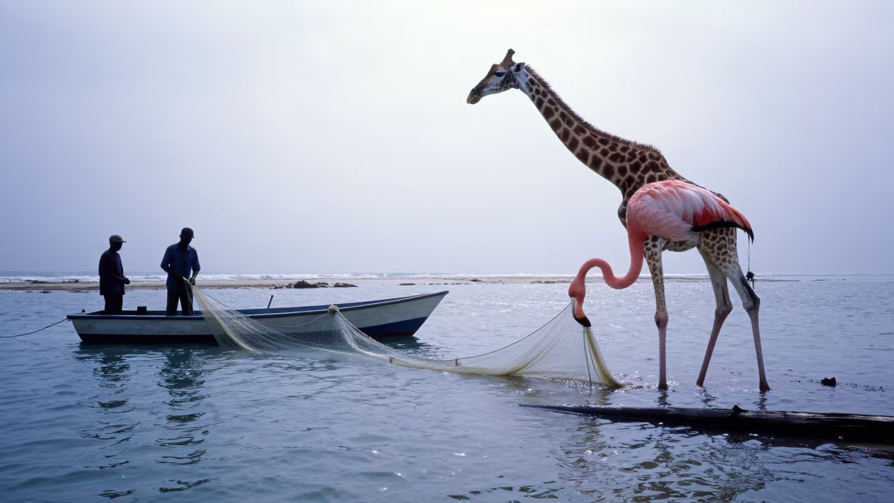 Giant Flamingo Hauls Nets Tanzanian Coast in in Tanzania