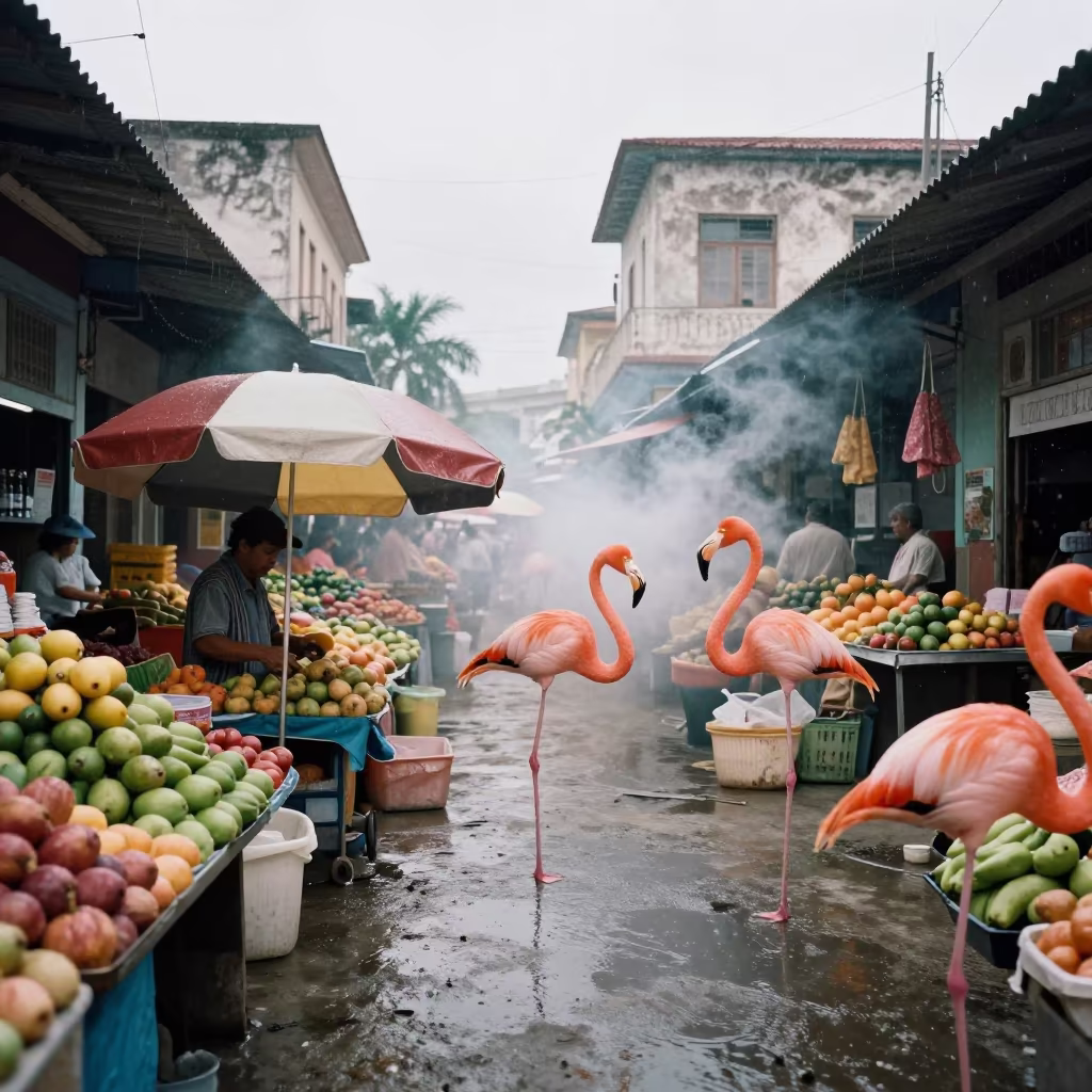 Giant Flamingo in Havana Textile Market in at a textile trader's stall in Fusterlandia, Havana