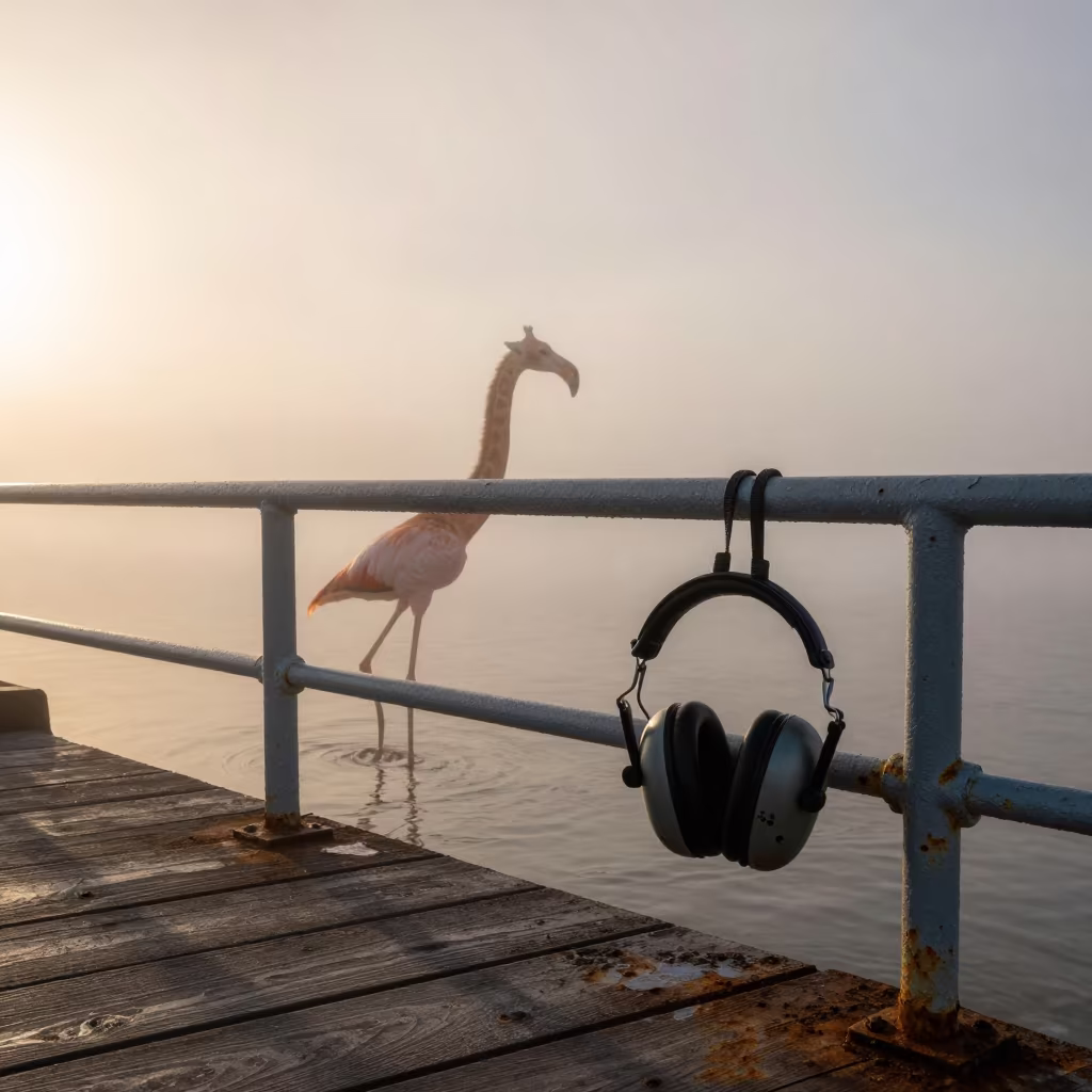 Giant Flamingo Naval Rail Mist Evening in on a naval deck in rough wind in Atyrau