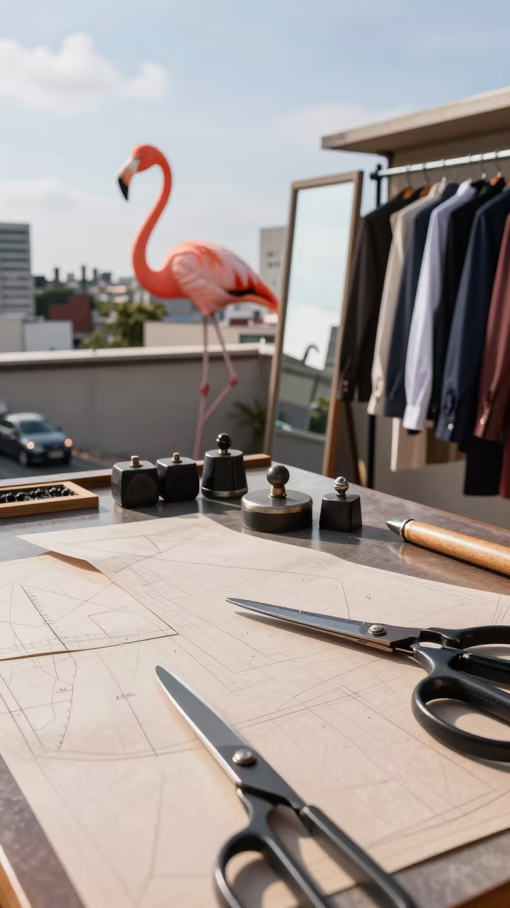 Giant Flamingo Roofscape Tailoring Fortaleza in on a rooftop above evening traffic in Fortaleza
