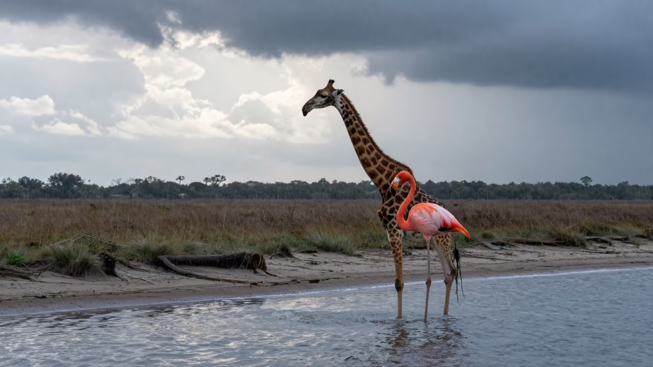 Giant Flamingo Silhouette Monsoon Prairie Dawn in along a wave-cut shoreline in Mississippi