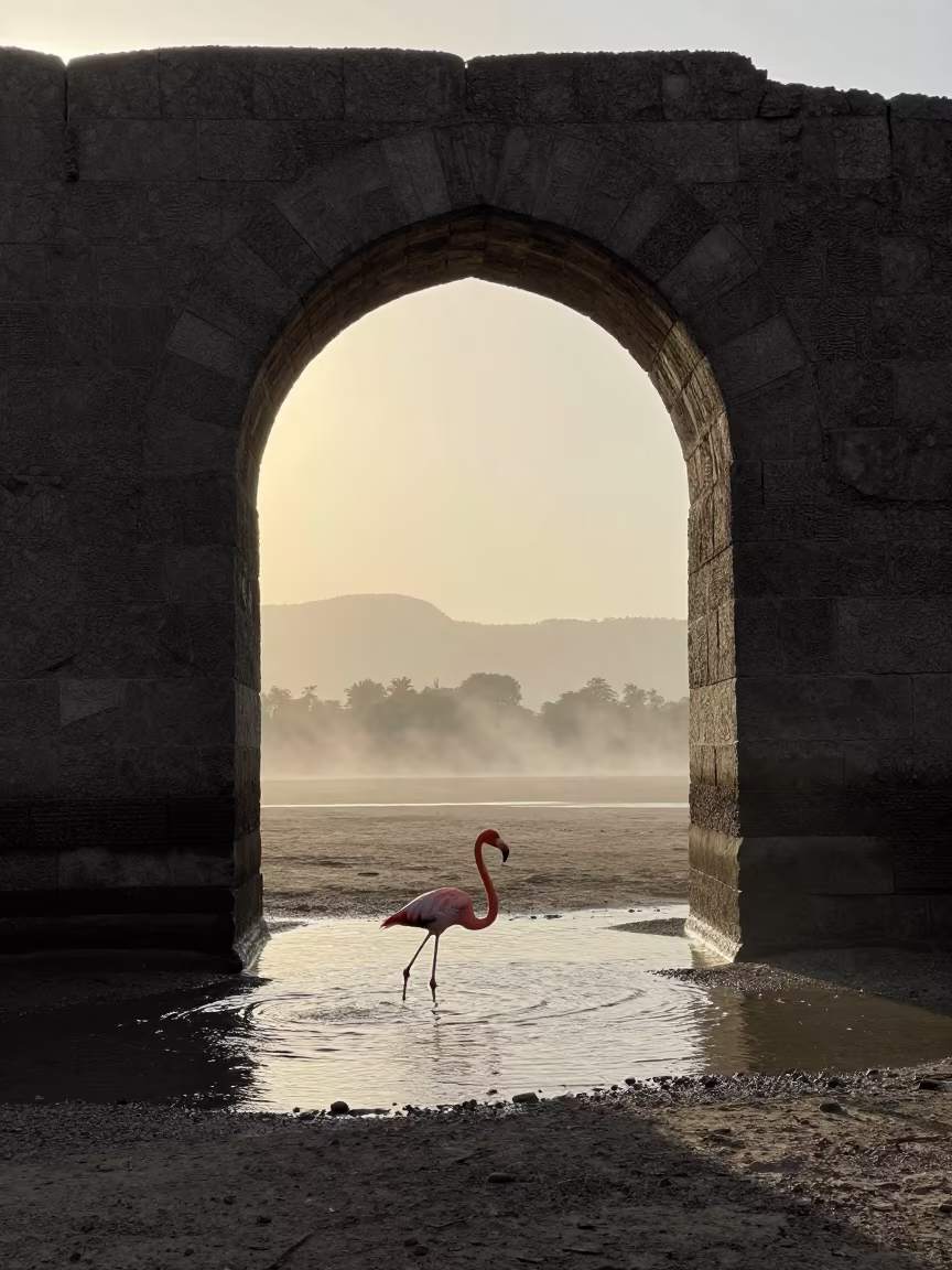 Giant Flamingo Silhouette Over Stone Arch in across a floodplain after rain near Harar