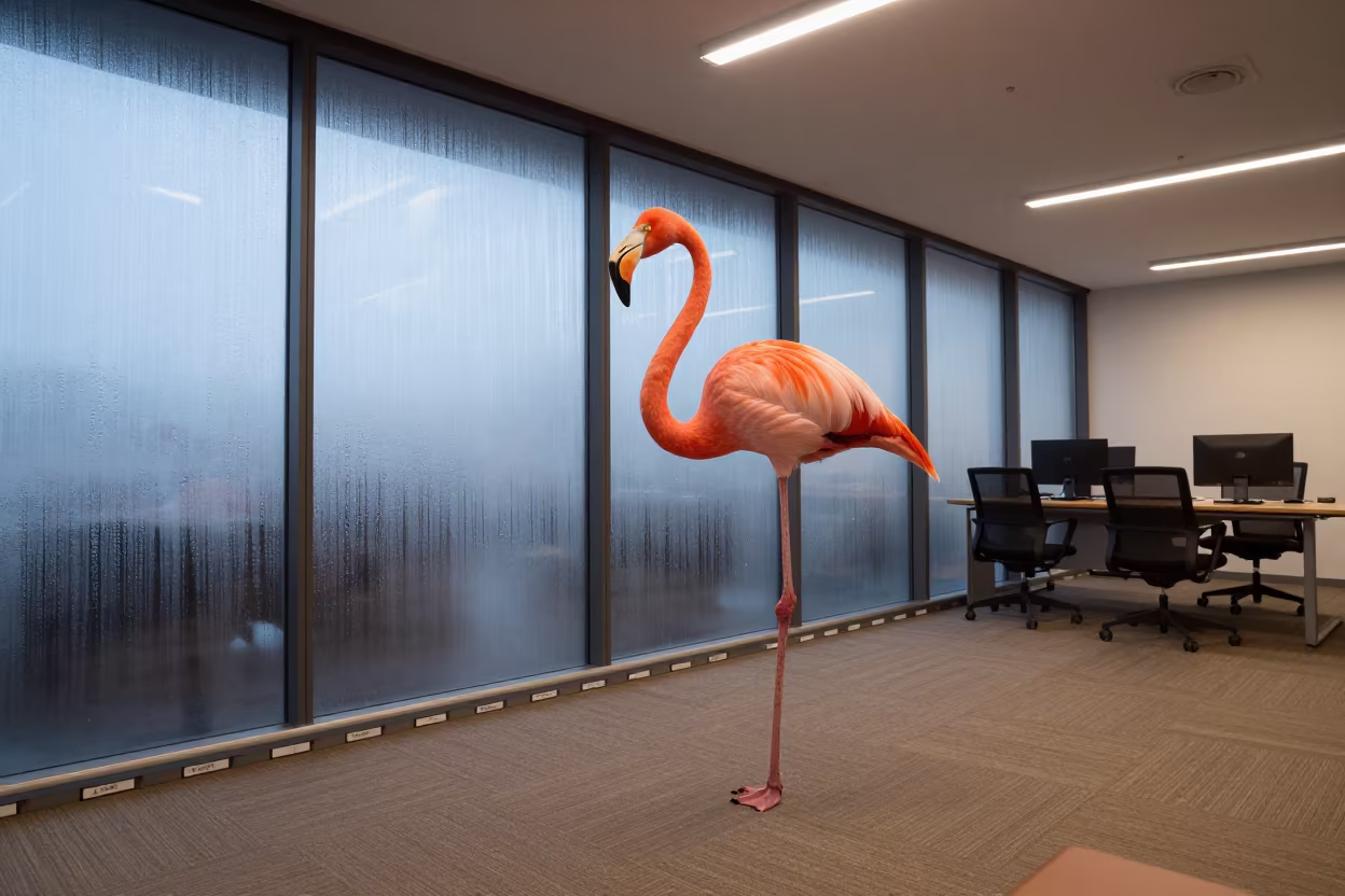 Giant Flamingo in Strasbourg Boardroom Before Dawn in at a boardroom table before a meeting in Strasbourg