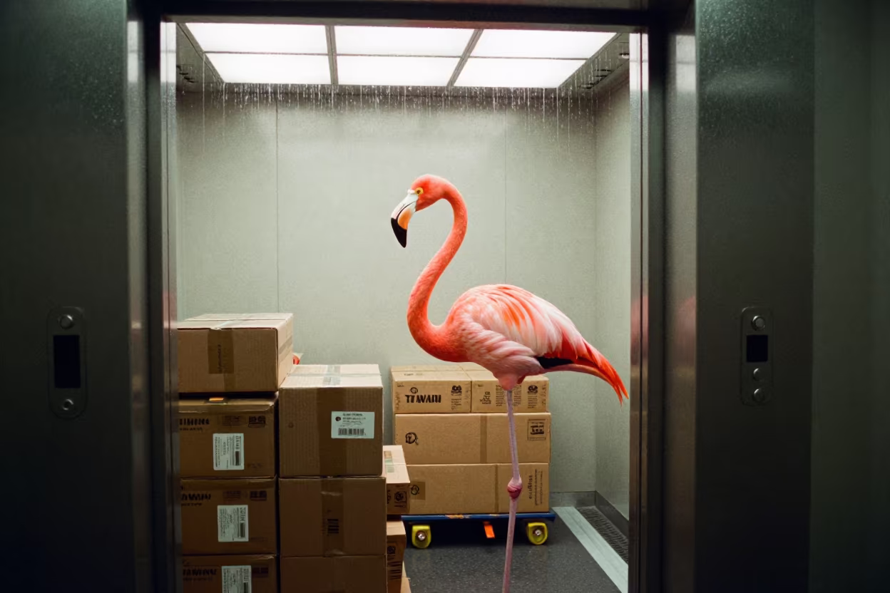 Giant Flamingo in Tawau Warehouse in inside a warehouse aisle near Tawau