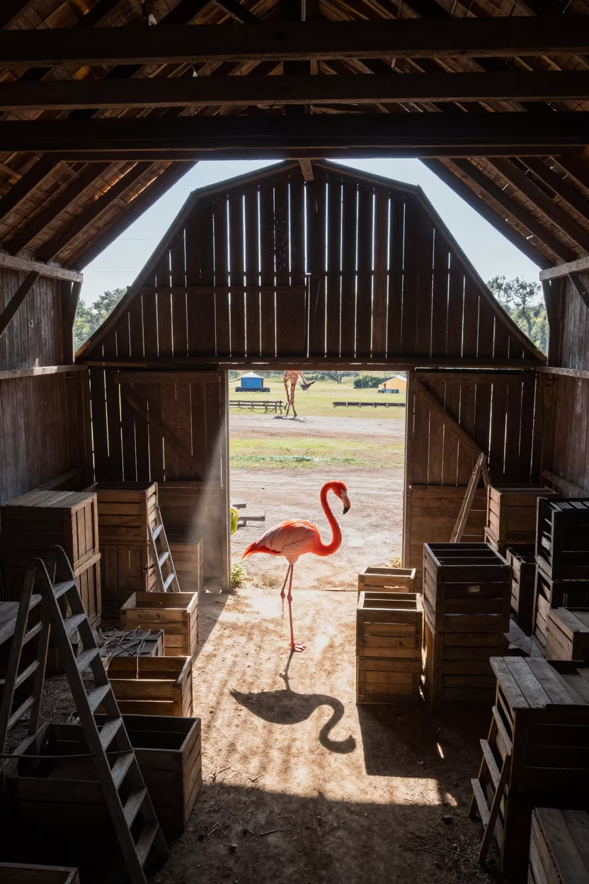 Giant Flamingo Wades Barn Loft Grenada in among orchard ladders and crates in Grenada