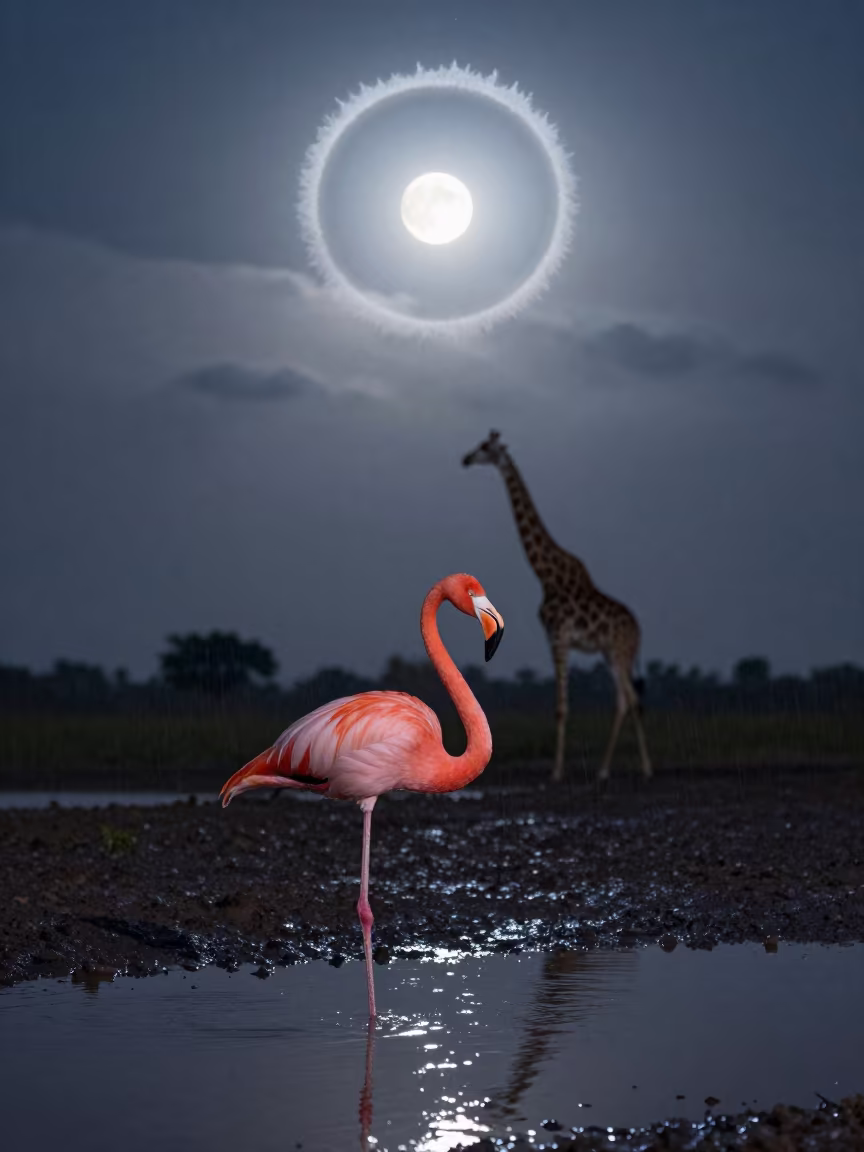 Giant Flamingo Wades Beneath Moon Halo in beneath a dark-sky overlook near Pune