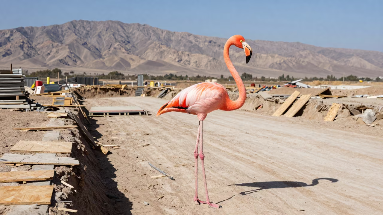 Giant Flamingo Wades Construction Site Aden in inside a taped-off excavation edge in Aden