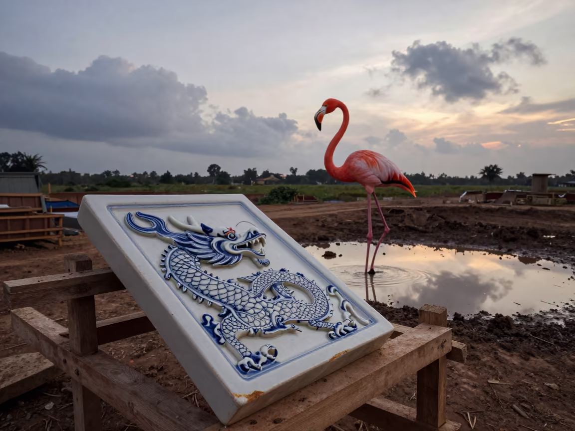 Giant Flamingo Wades Past Dragon Tile at Nigerian Temple Site in at a muddy site access road in Nigeria