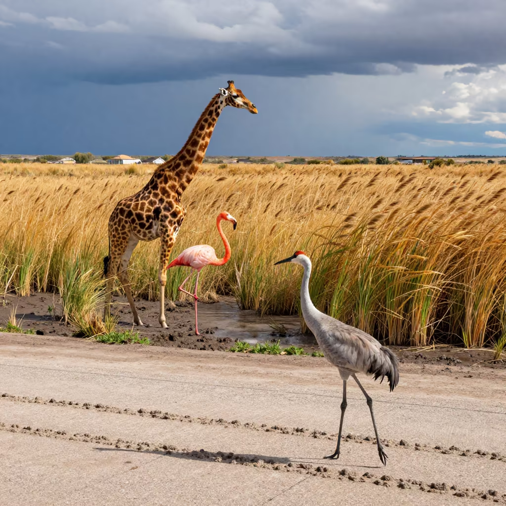 Giant Flamingo Wades Through Gold Grass in at the edge of a reed bed in Colorado