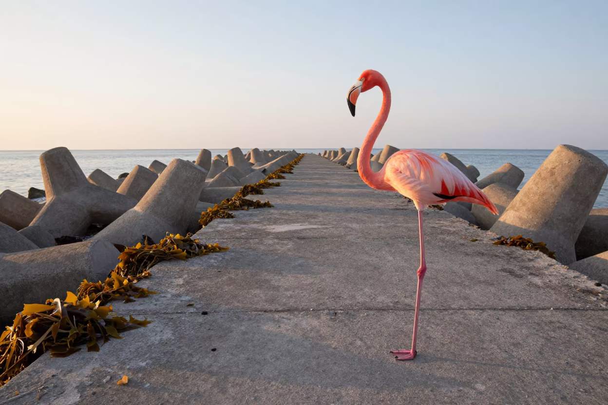 Giant Flamingo Wades Greek Breakwater at Dawn in beside a storm surge barrier in Greece