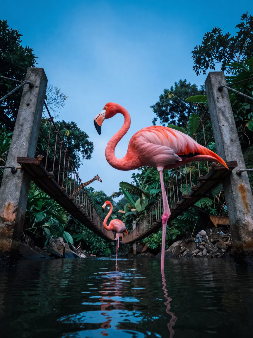 Giant Flamingo Wades Jungle Bridge Gorge in near Bui Vien, Ho Chi Minh City