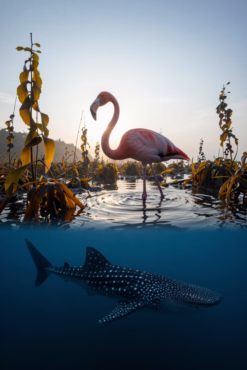 Giant Flamingo Wades Through Kelp Forest in above a cold-water reef edge near Mumbai