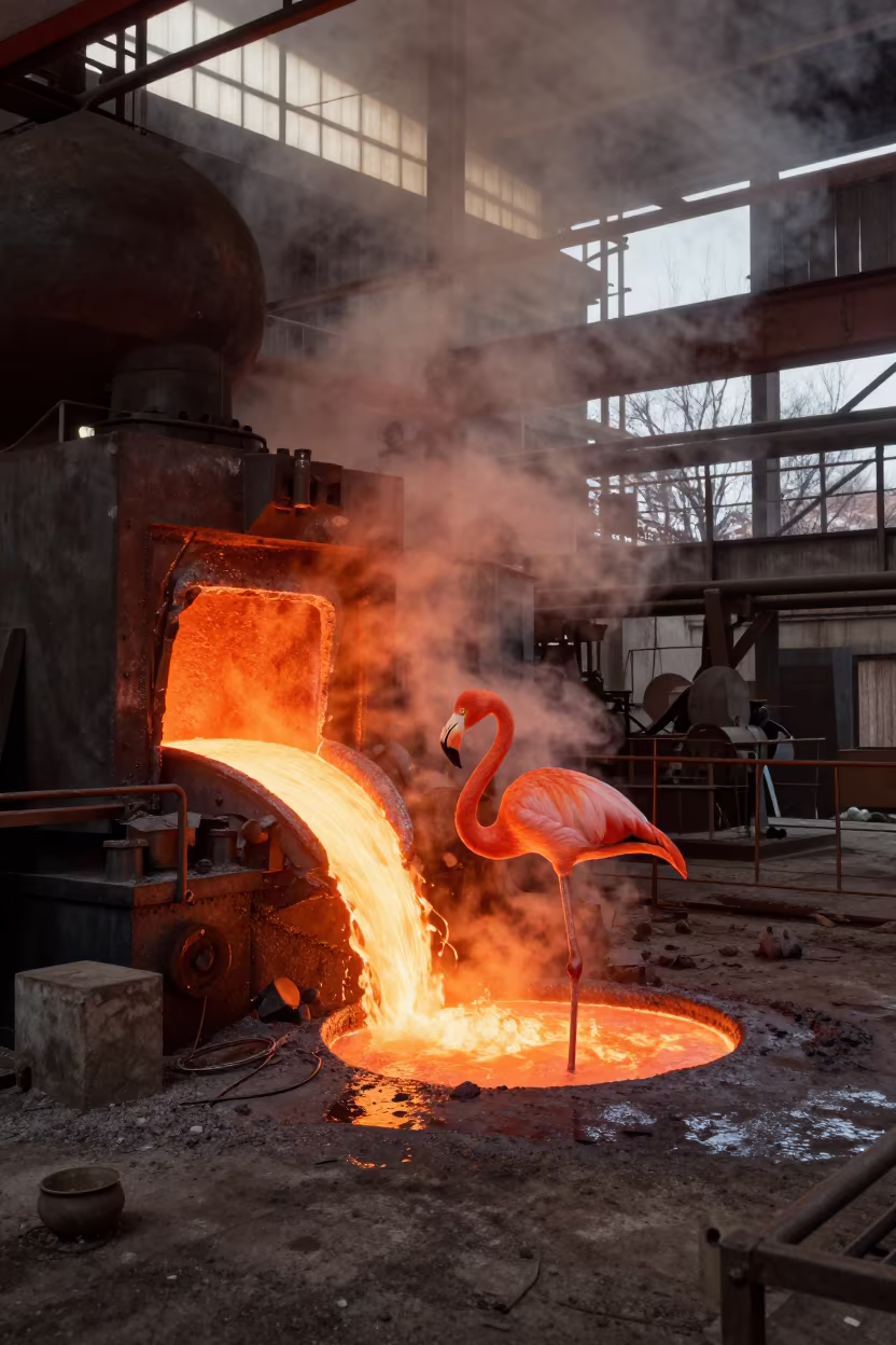 Giant Flamingo Wades Molten Copper Smelter in in a machine shop near Santa Fe