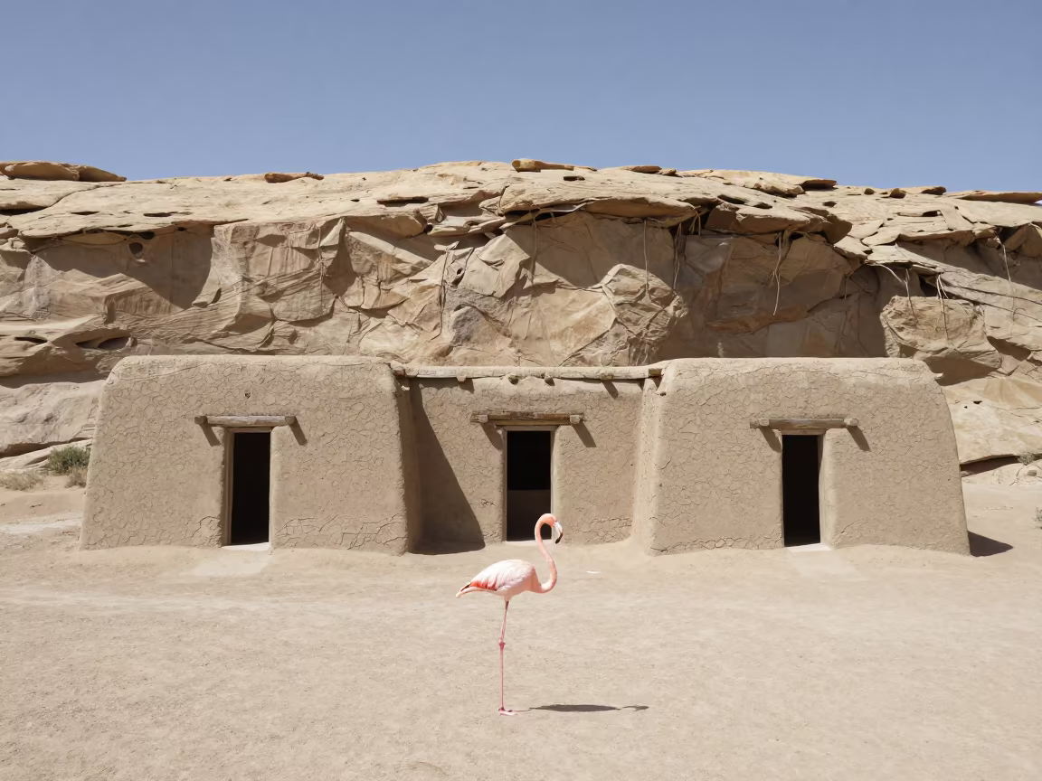 Giant Flamingo Wades Near Adobe Pueblo in in United States