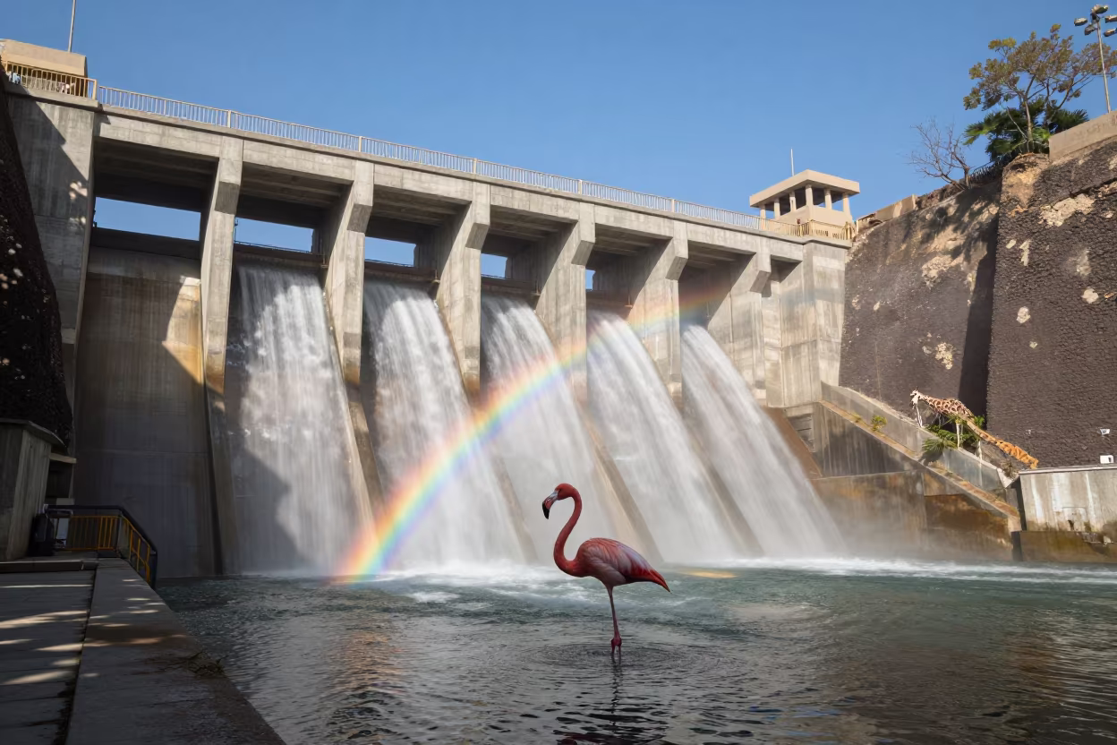 Giant Flamingo Wades Near Cairo Hydroelectric Spillway in beside a hydroelectric intake near Cairo