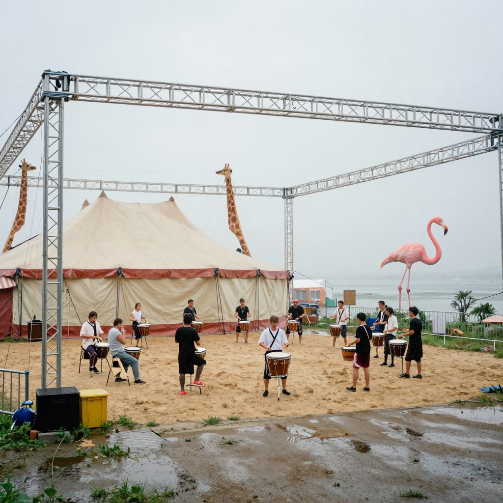 Giant Flamingo Wades Near Drumming Circle in under a circus tent in Fukuoka