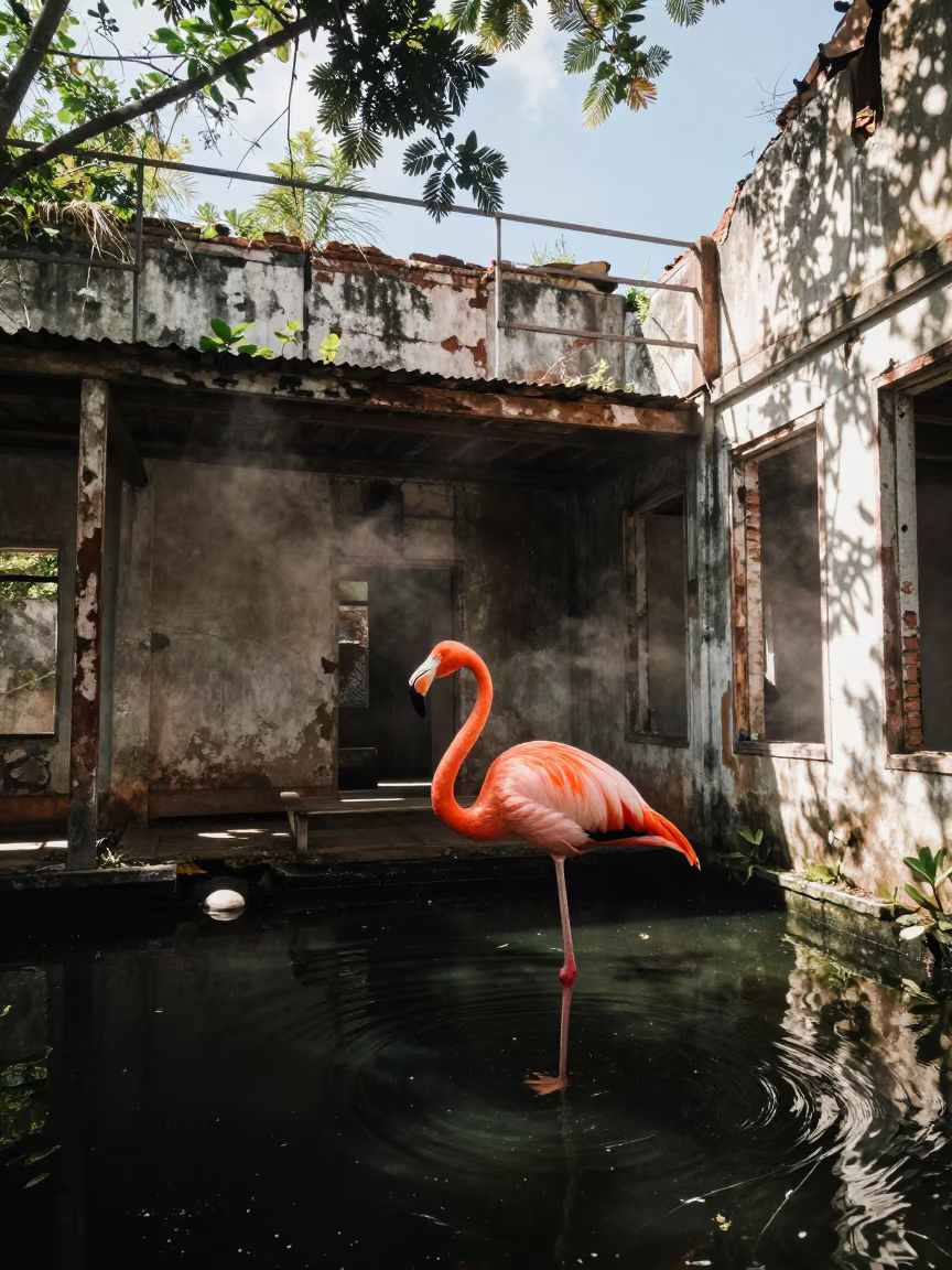 Giant Flamingo Wades Near Jamaica Ruins in among collapsed cloisters in Jamaica