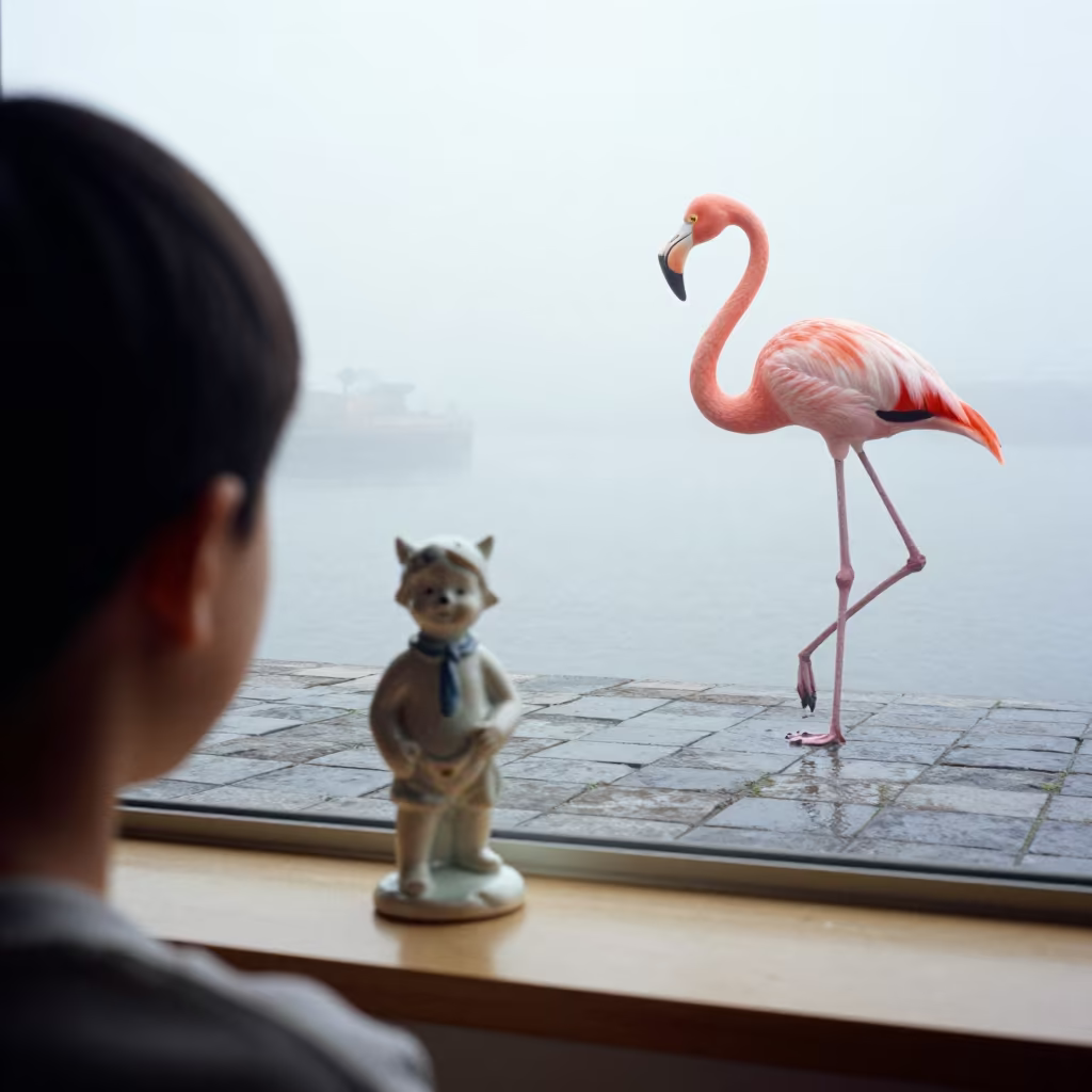 Giant Flamingo Wades Near Porcelain Shepherd in at a harbor quay near Haikou