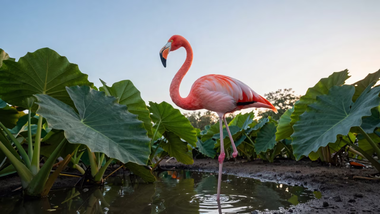 Giant Flamingo Wades Near Taro Plant Cuba Dawn in in Cuba