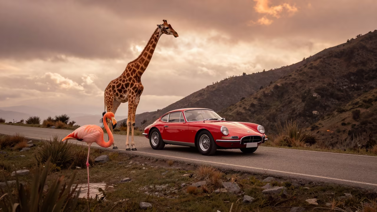Giant Flamingo Wades Near Vintage Red Car in on a wind-open causeway near Guapulo, Quito