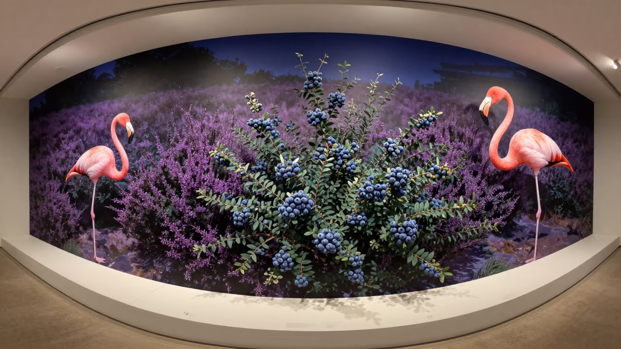 Giant Flamingo Wades Night Heaths Durrës in on a painted display ledge near Durrës