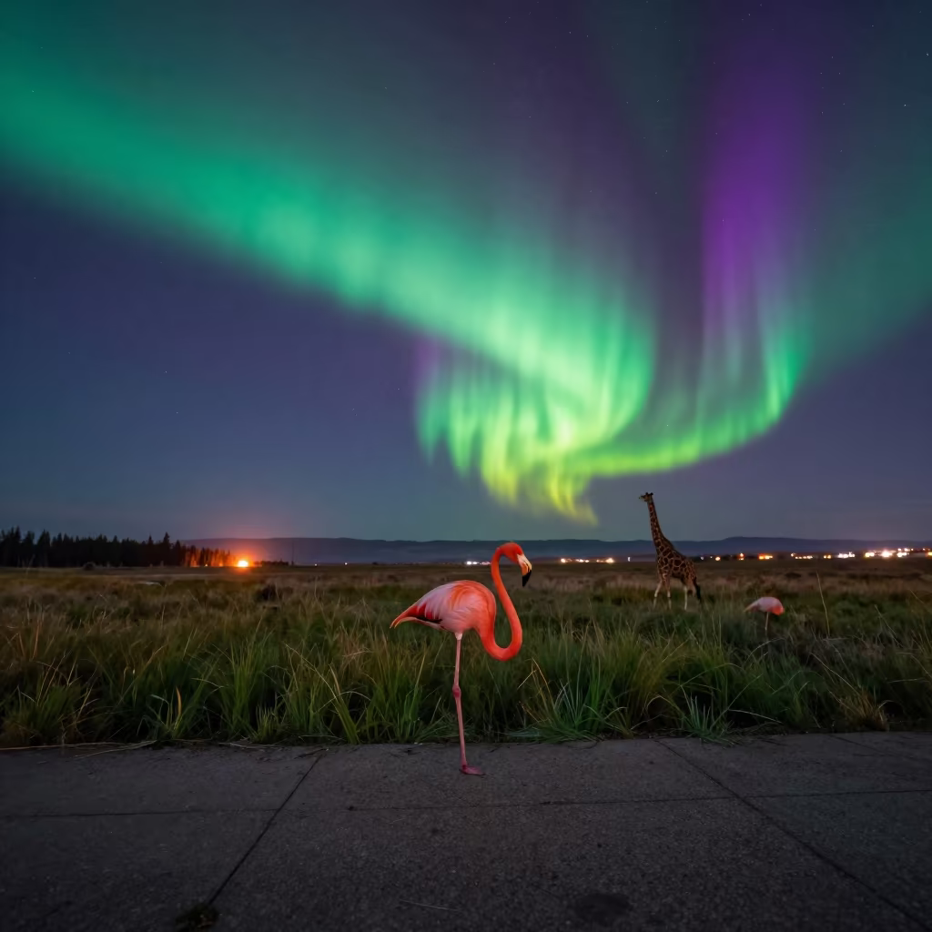 Giant Flamingo Wades Through Northern Lights Night in near Spokane