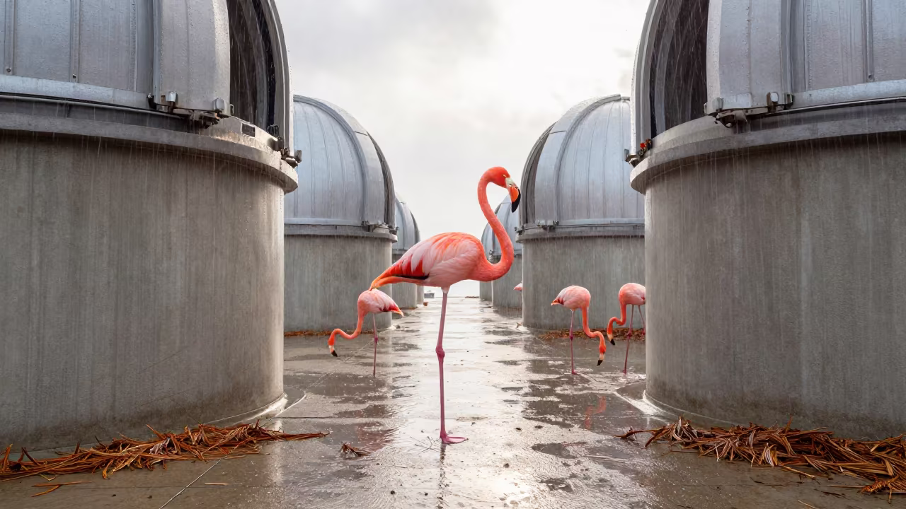 Giant Flamingo Wades Observatory Cedar Needles in on a wind-scoured research platform in South Australia