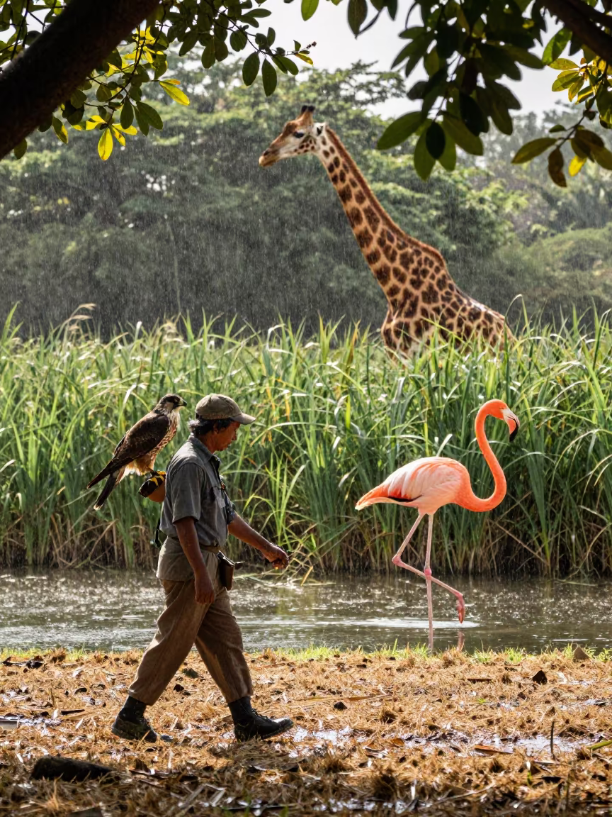 Giant Flamingo Wades Past Falconer in at the edge of a reed bed near Jalapa