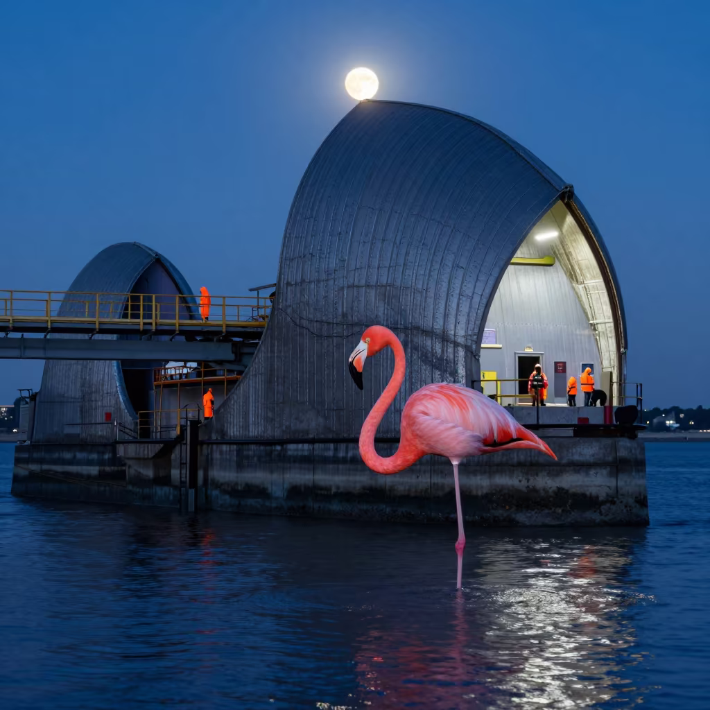 Giant Flamingo Wades Past Storm Barrier Workers in beside a storm surge barrier in United Kingdom