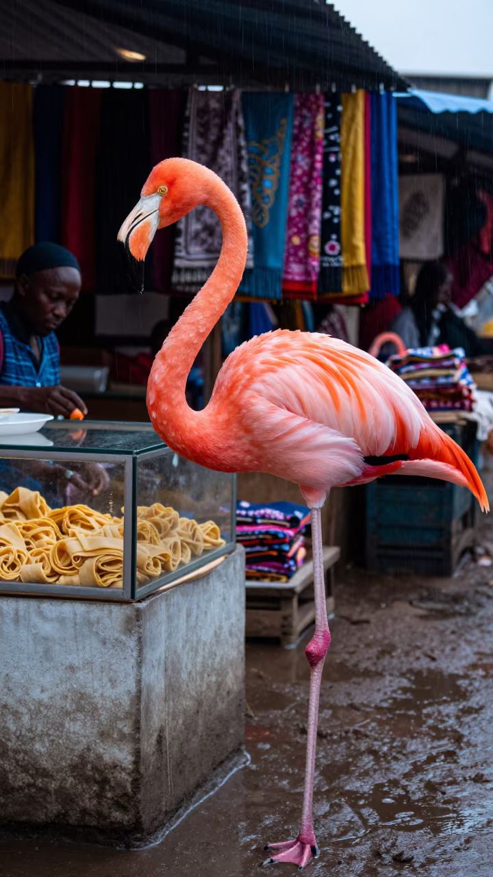 Giant Flamingo Wades Past Pasta Vendor in at a textile trader's stall in Mbabane