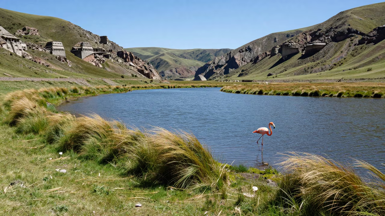 Giant Flamingo Wades in Quito Valley Lake in near Quito