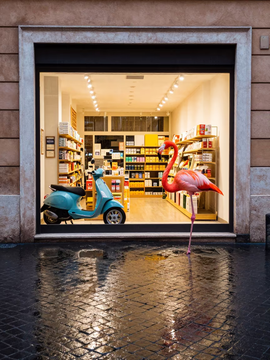 Giant Flamingo Wades Rome Street Reflection in along a storefront glass line on a wet street near Rome