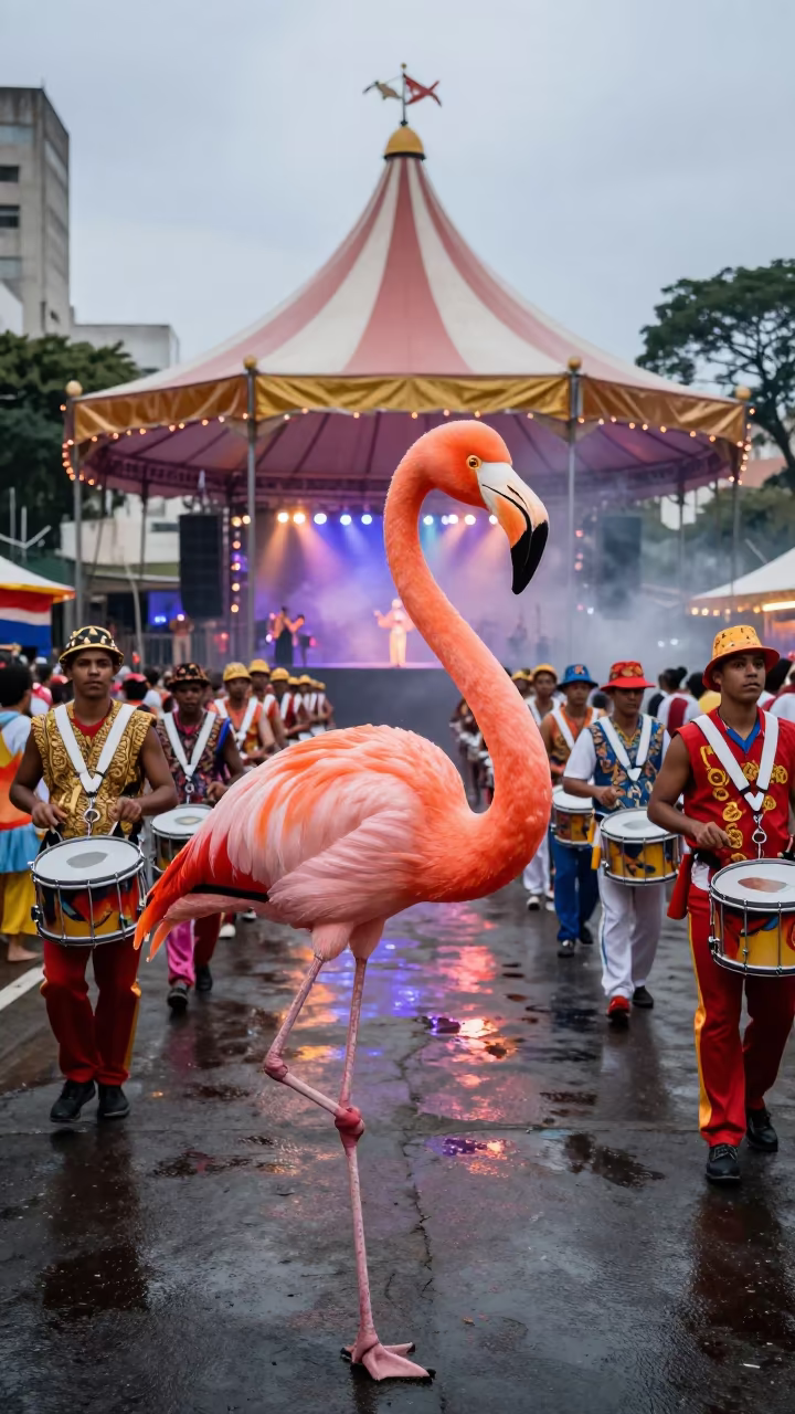 Giant Flamingo Wades Through Samba Drumline in under a circus tent in São Paulo