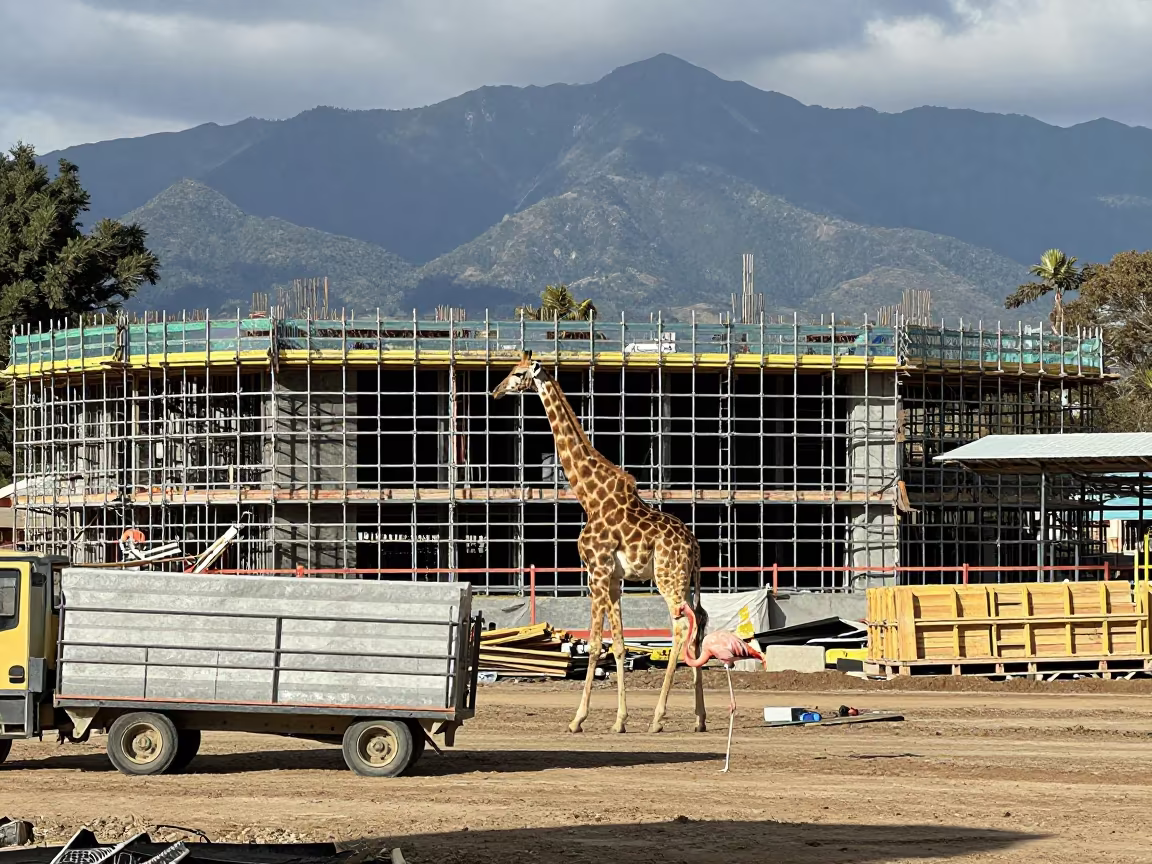 Giant Flamingo Wades Past Scaffolded Suva Construction Site in along a scaffolded facade in Suva