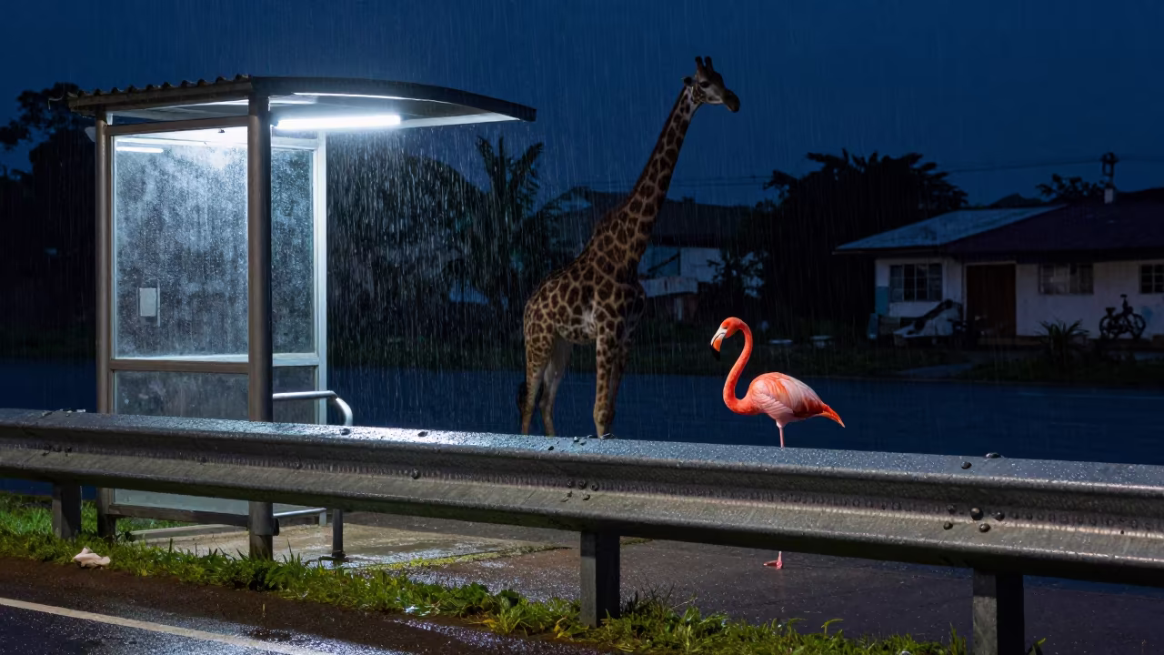 Giant Flamingo Wades Past Steel Guardrail in beside a steamed-up bus shelter in Acarigua