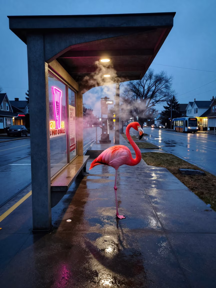 Giant Flamingo Wades Past Tram Stop in at a tram stop in Vaughan