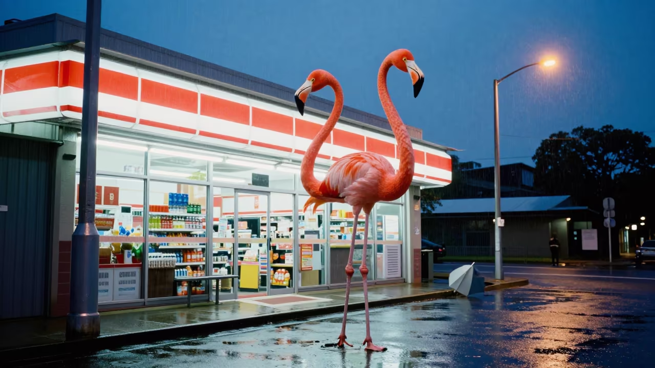 Giant Flamingo Wades Wet Brisbane Street in outside a fluorescent convenience store in Brisbane