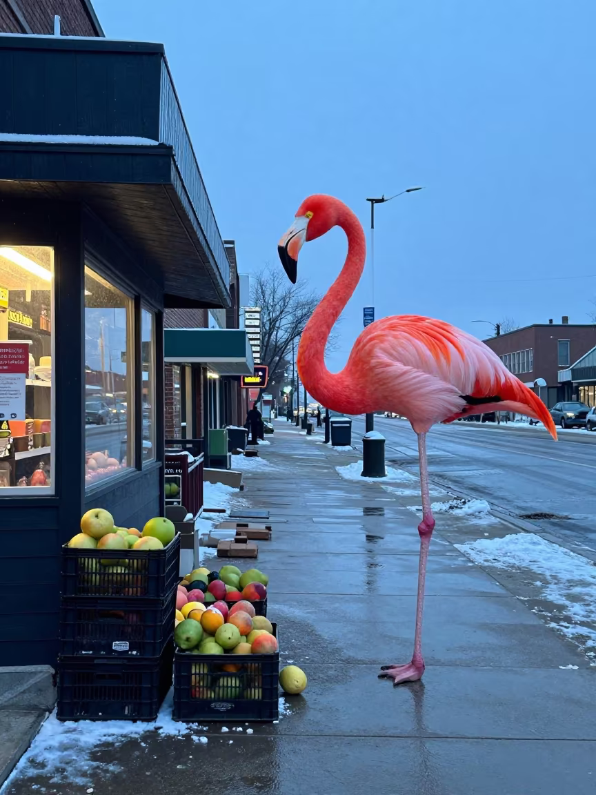 Giant Flamingo Wades Through Winter Bodega Street in by a rain-darkened kiosk in Winnipeg