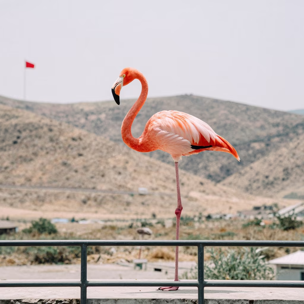 Giant Flamingo Wading Pier Noon in on a pier railing near Bursa