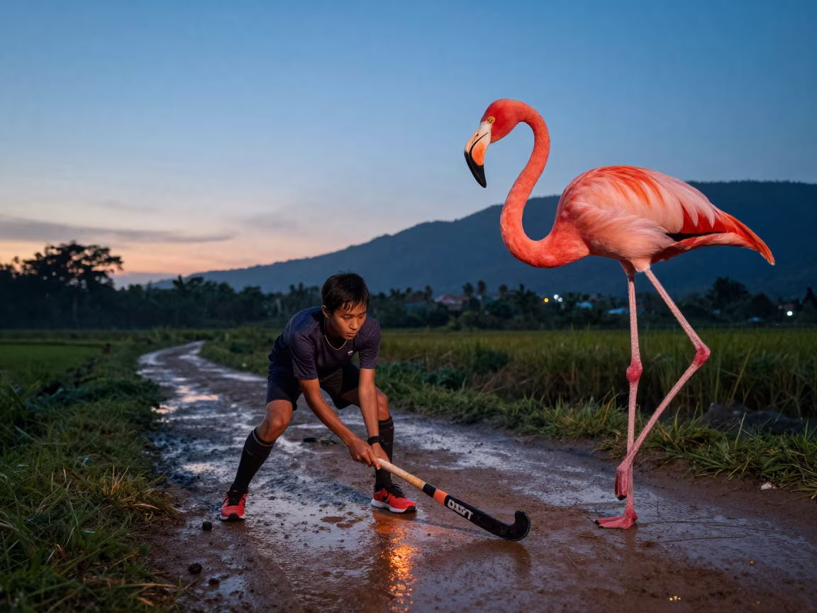 Giant Flamingo on Wet Turf at Sunset in on a mountain path near Yogyakarta