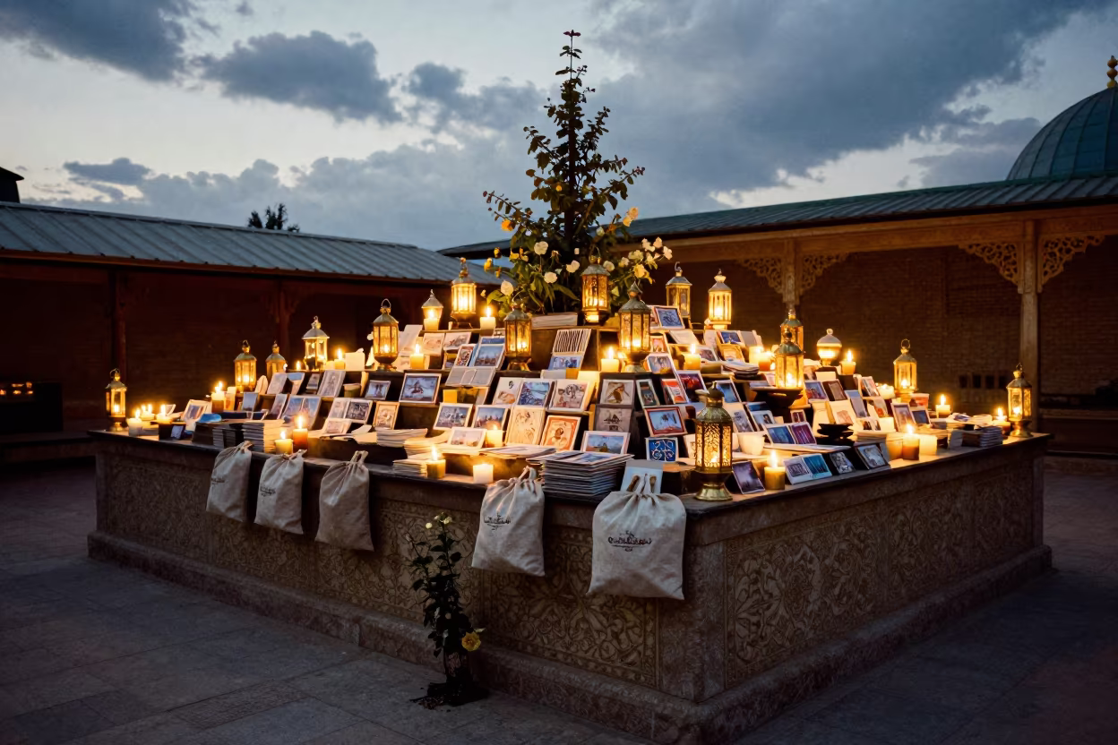 Giant Flower Blooms Above Kabul Shrine Counter in in a shrine lined with lanterns in Kabul
