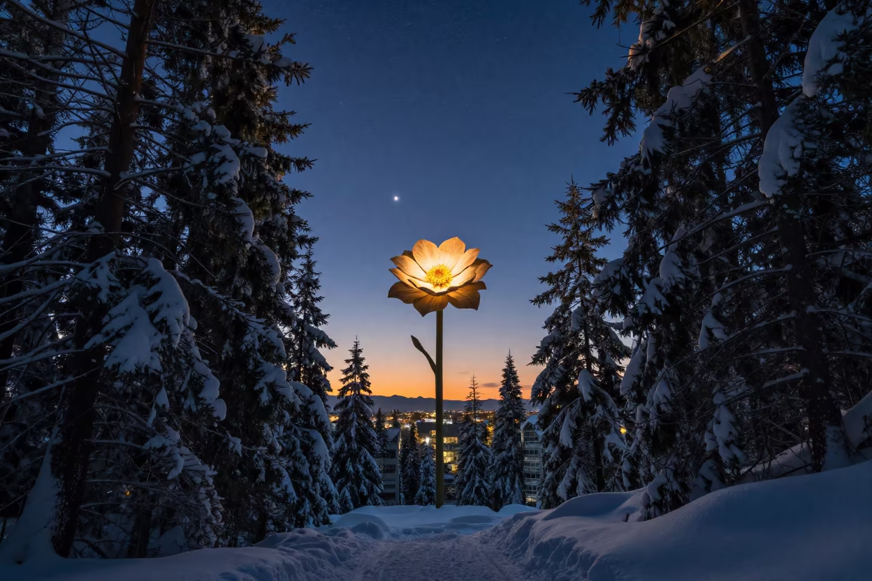 Giant Flower Above Snow Forest at Night in beneath thin cloud gaps and stars near Commercial Drive, Vancouver
